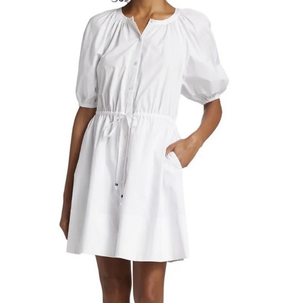 STAUD White Puff-Sleeve Drawstring Shirt Dress